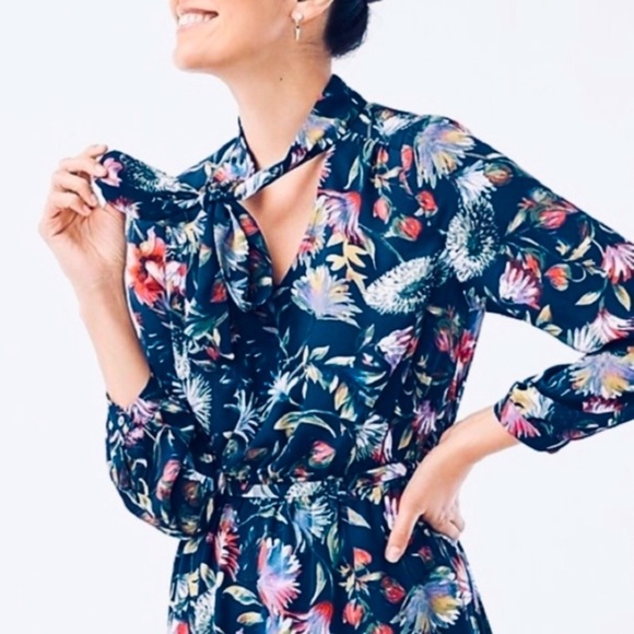 SOLD - J. Crew Navy Floral Neck Tie Dress - Picture 5 of 16